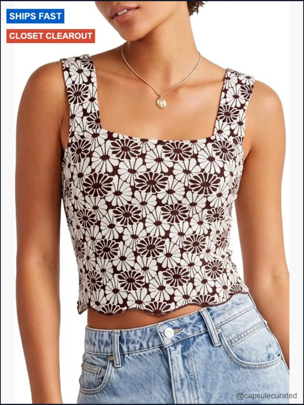 Wide Strap Square Neck Crop Tank Top Lettuce Trim Sleeveless Cami